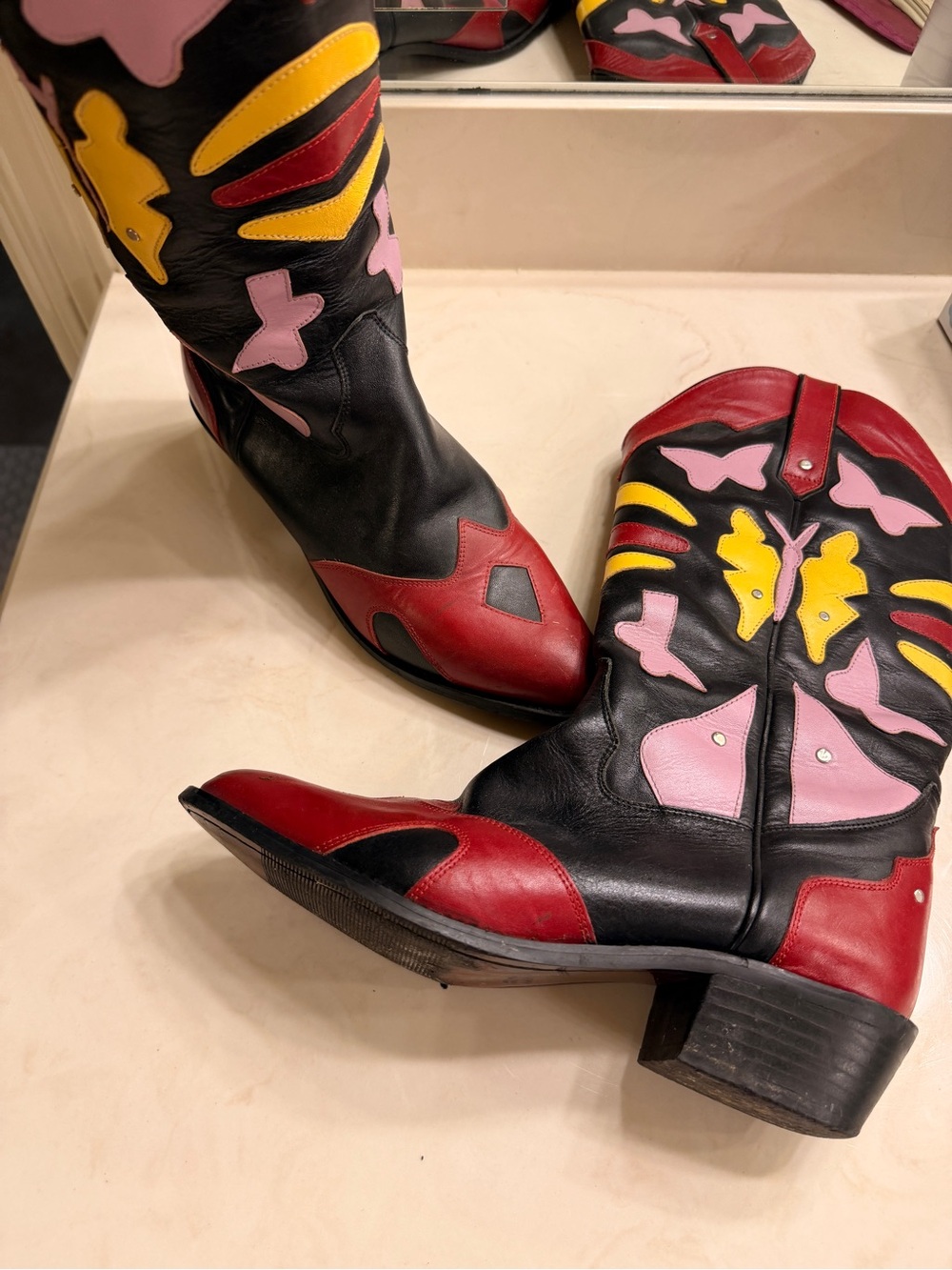 ACME Black Leather Western Boots with Red, Pink & Yellow Butterfly Accents